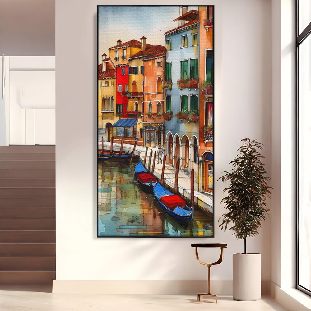 Tablou canvas cu pictura cu canal din venetia si gondole, in rama de aluminiu negru
